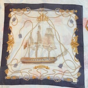 Celine Paris cotton Scarf handkerchief with Gold and Blue Accents